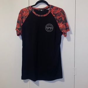Boohooman tshirt with floral sleeves in red